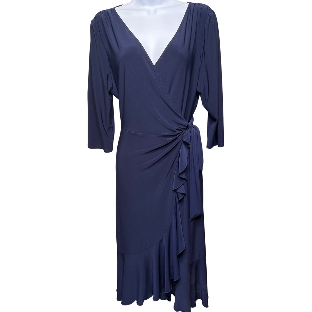KIYONNA Navy Blue Wrap Midi Dress Sz 0X Ruffled Career Cocktail Curvy Flattering